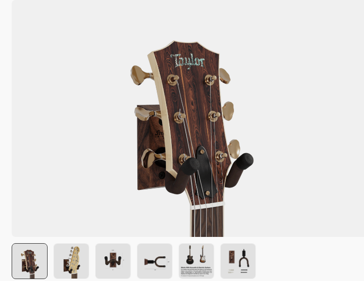 A String Swing hardwood guitar wall hanger holding a Taylor acoustic-electric guitar by its headstock, product photo from stringswing.com