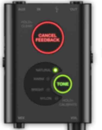 IK Multimedia's iRig Acoustic Stage product page showing the device's Cancel Feedback and Tone controls