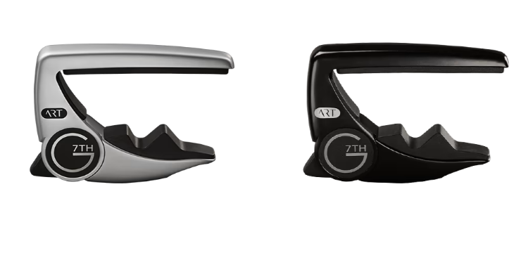 G7th's Performance 3 capo product listing showing the silver and satin black versions of the capo, each with the brand's Adaptive Radius Technology clamping mechanism