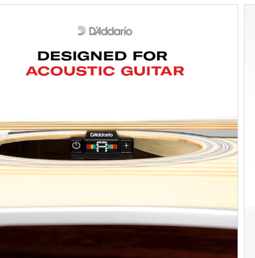 D'Addario's Micro Soundhole Tuner product page showing the small chromatic tuner clipped directly inside an acoustic guitar's soundhole