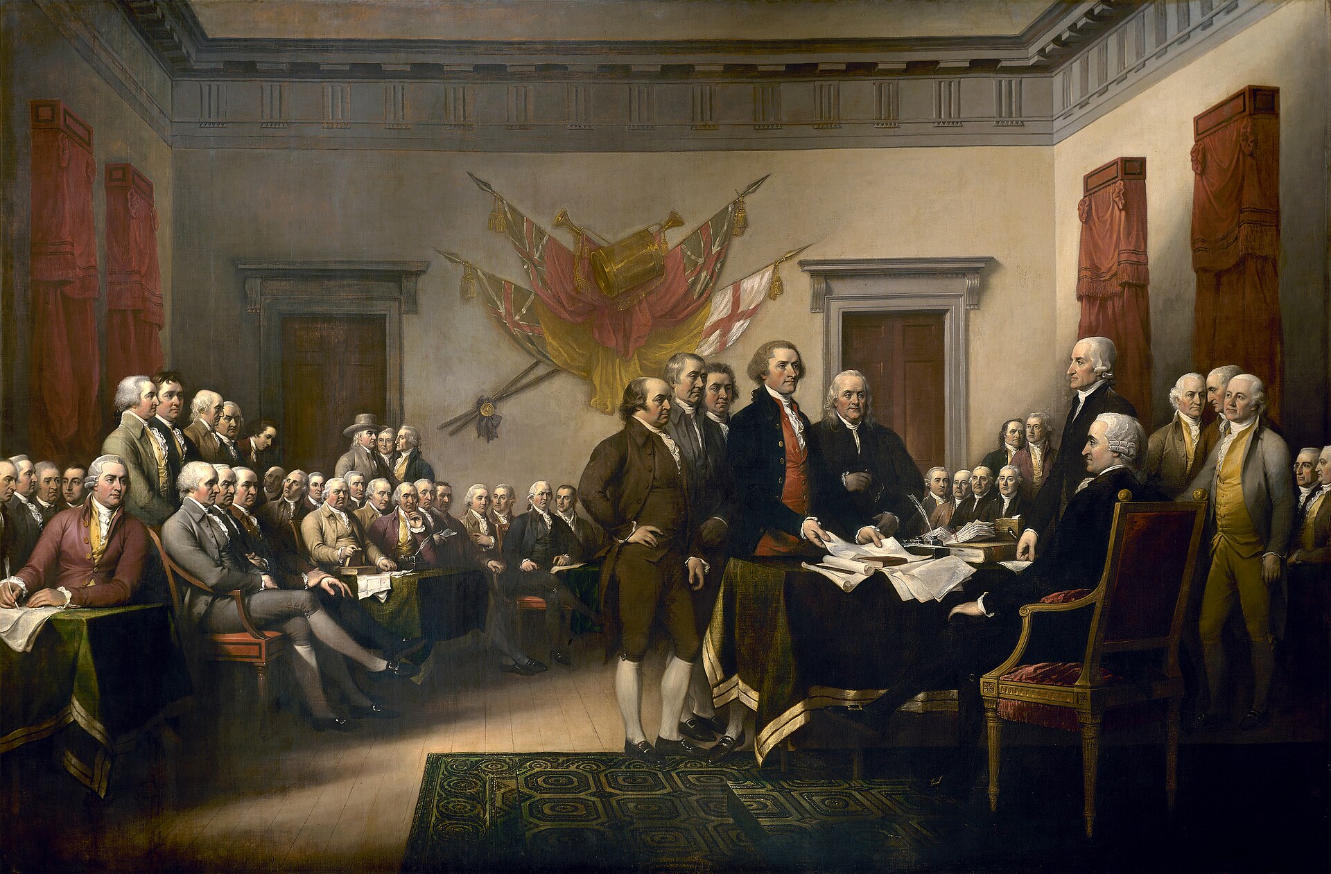 John Trumbull's painting Declaration of Independence, showing the five-man drafting committee presenting their work to Congress, on display in the US Capitol Rotunda