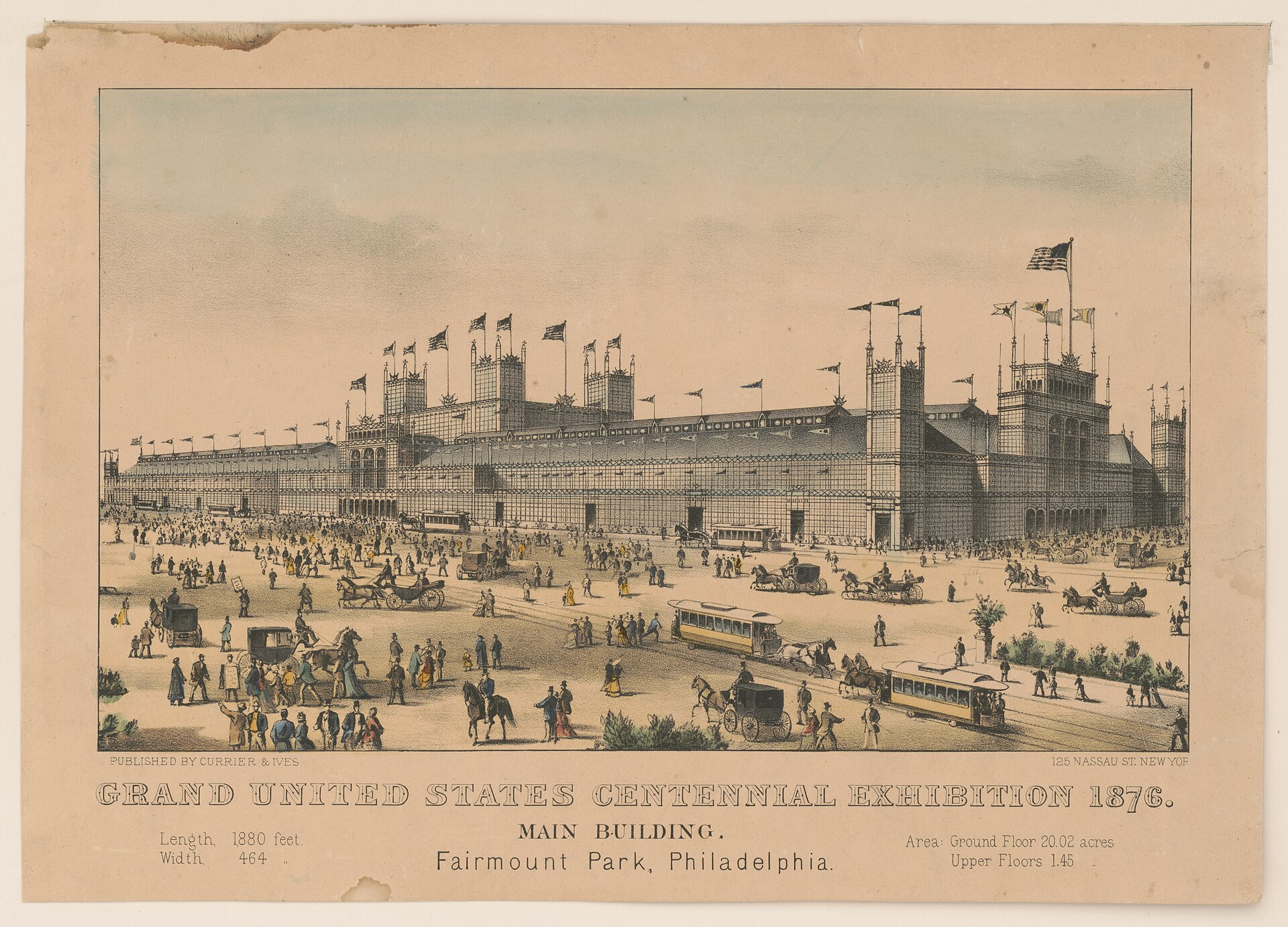Hand-colored lithograph of the Main Building at the 1876 Centennial International Exhibition, Fairmount Park, Philadelphia