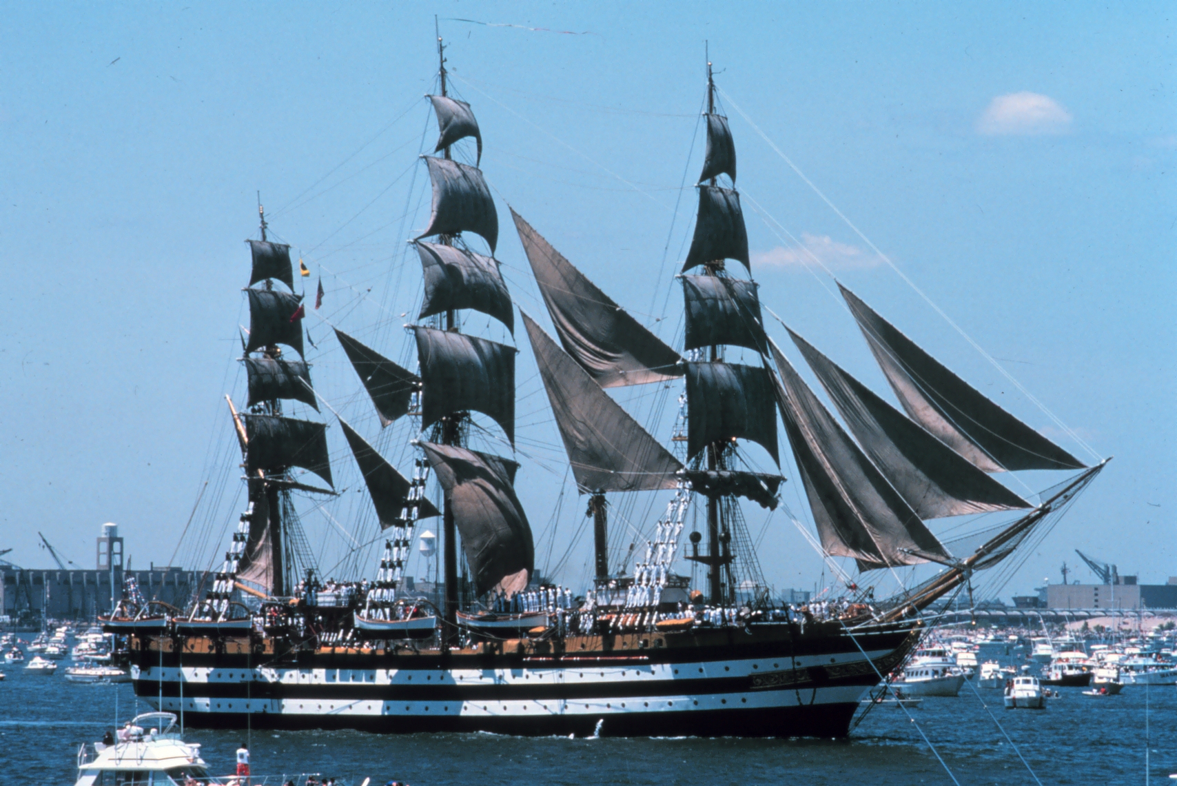 The Italian tall ship Amerigo Vespucci under full sail in New York Harbor during Operation Sail 1976