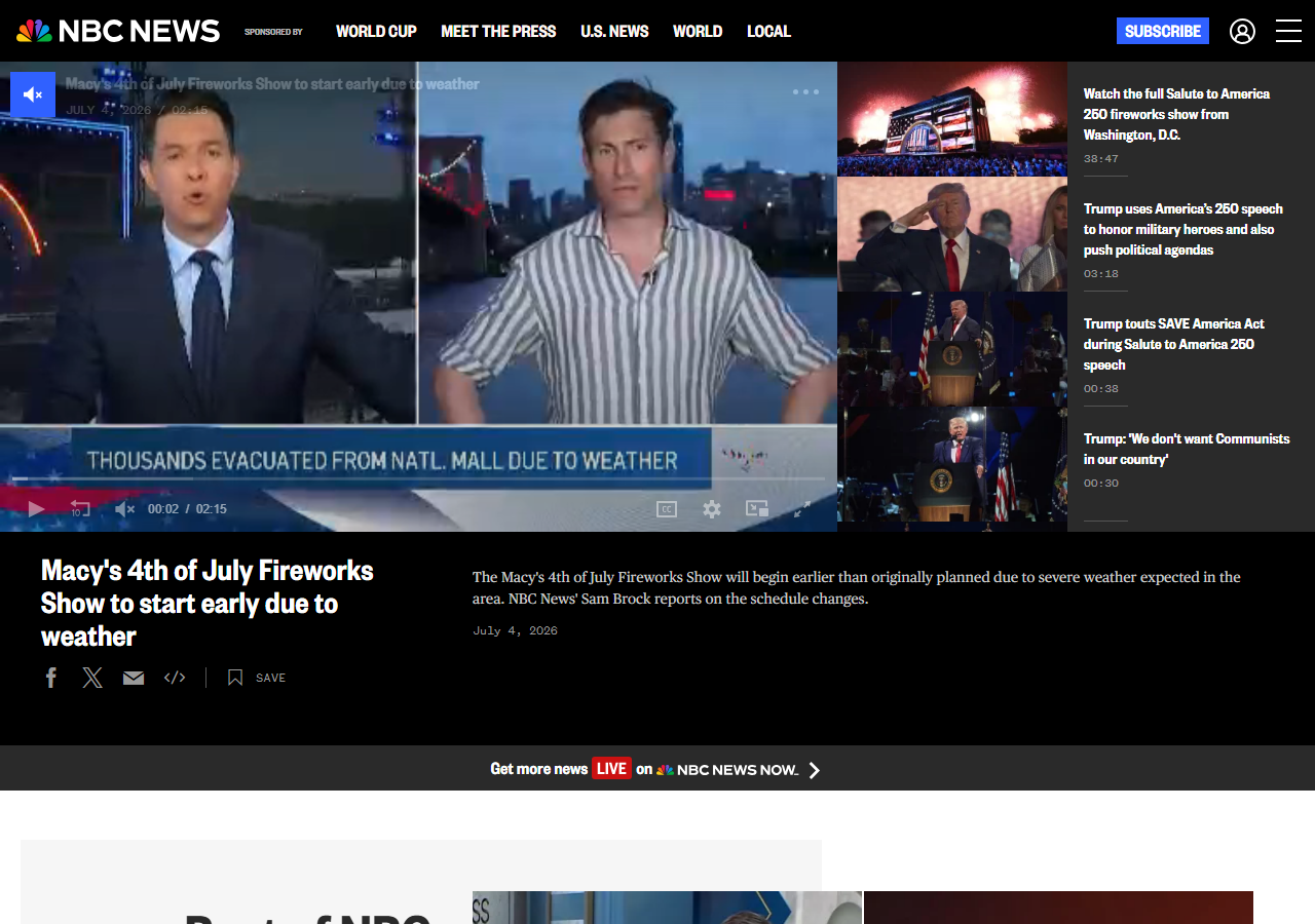 NBC News video page with headline Macy's 4th of July Fireworks Show to start early due to weather, showing an on-screen chyron reading Thousands evacuated from Natl. Mall due to weather