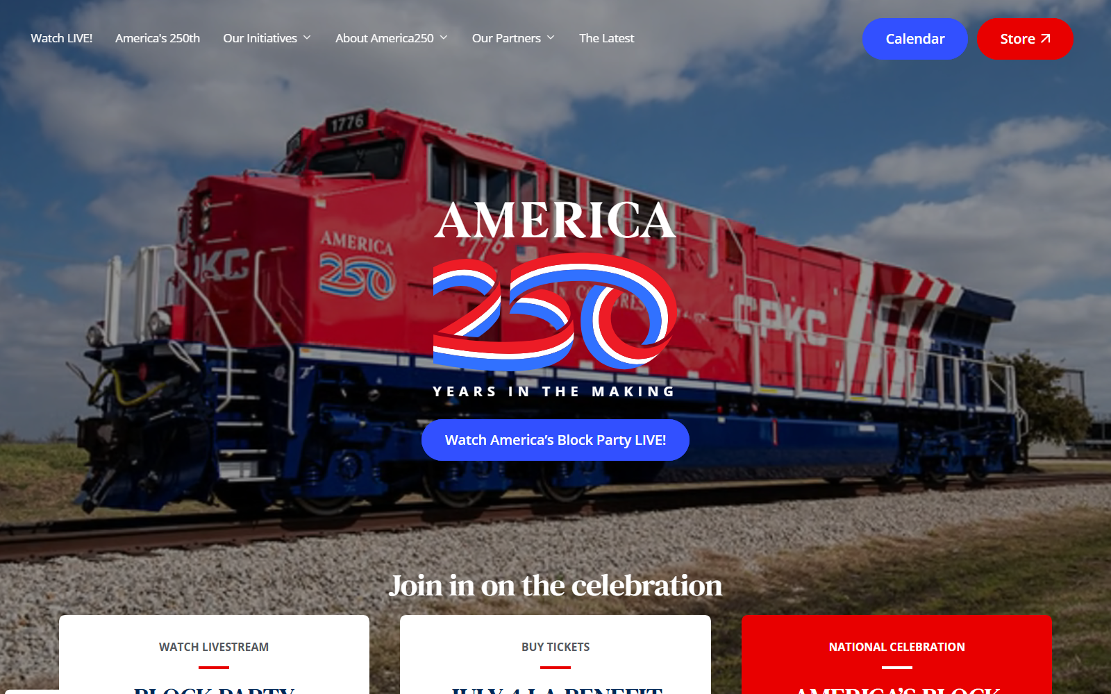 America250.org homepage, the official congressional America250 commission site, showing an America 250: Years in the Making banner ahead of July 4, 2026