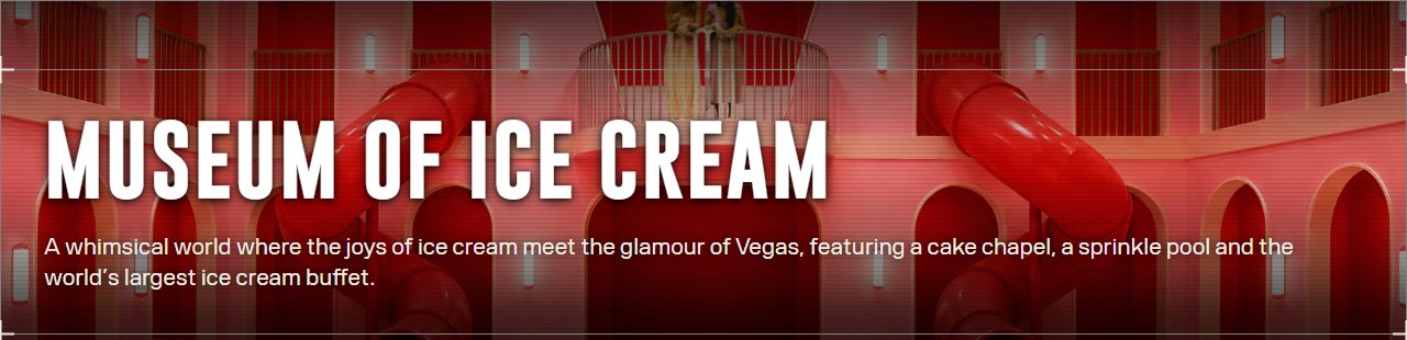 The Museum of Ice Cream's own page on area15.com, showing a two-story red slide spiraling down into an ornate atrium