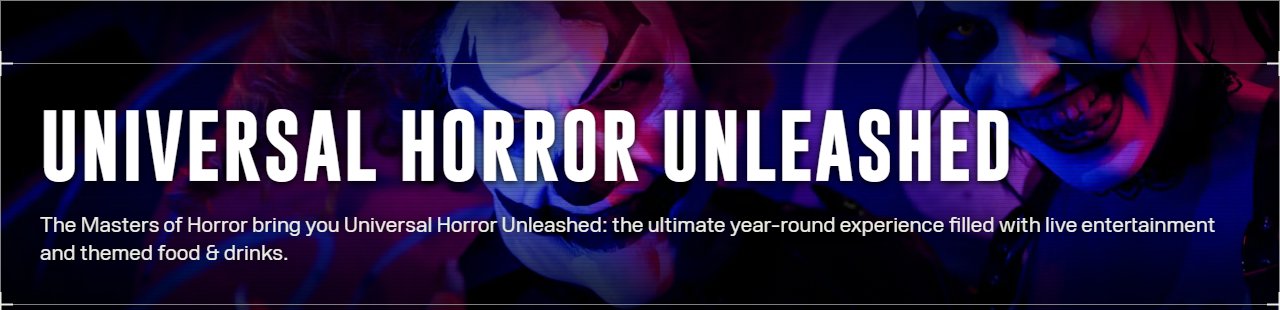 Universal Horror Unleashed's own page on area15.com, showing costumed horror performers in makeup and masks under purple and red lighting