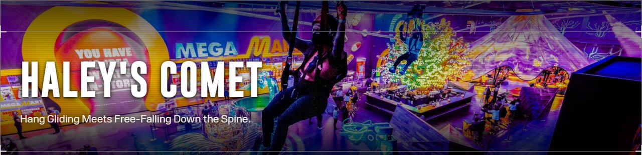 Haley's Comet's own page on area15.com, showing a rider mid-flight on a zip line through AREA15's neon-lit main hall, above a bar and a lit-up tree installation