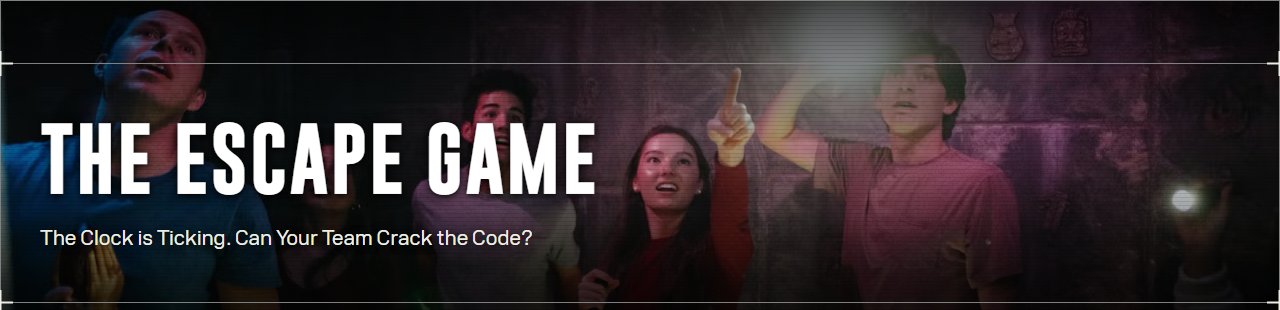 The Escape Game's own page on area15.com, reading 'The Clock is Ticking. Can Your Team Crack the Code?' over a photo of players examining a dimly lit escape room set