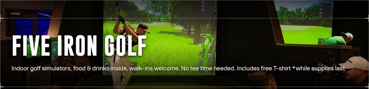 Five Iron Golf's own page on area15.com, showing a golfer mid-swing in front of a large indoor golf simulator screen