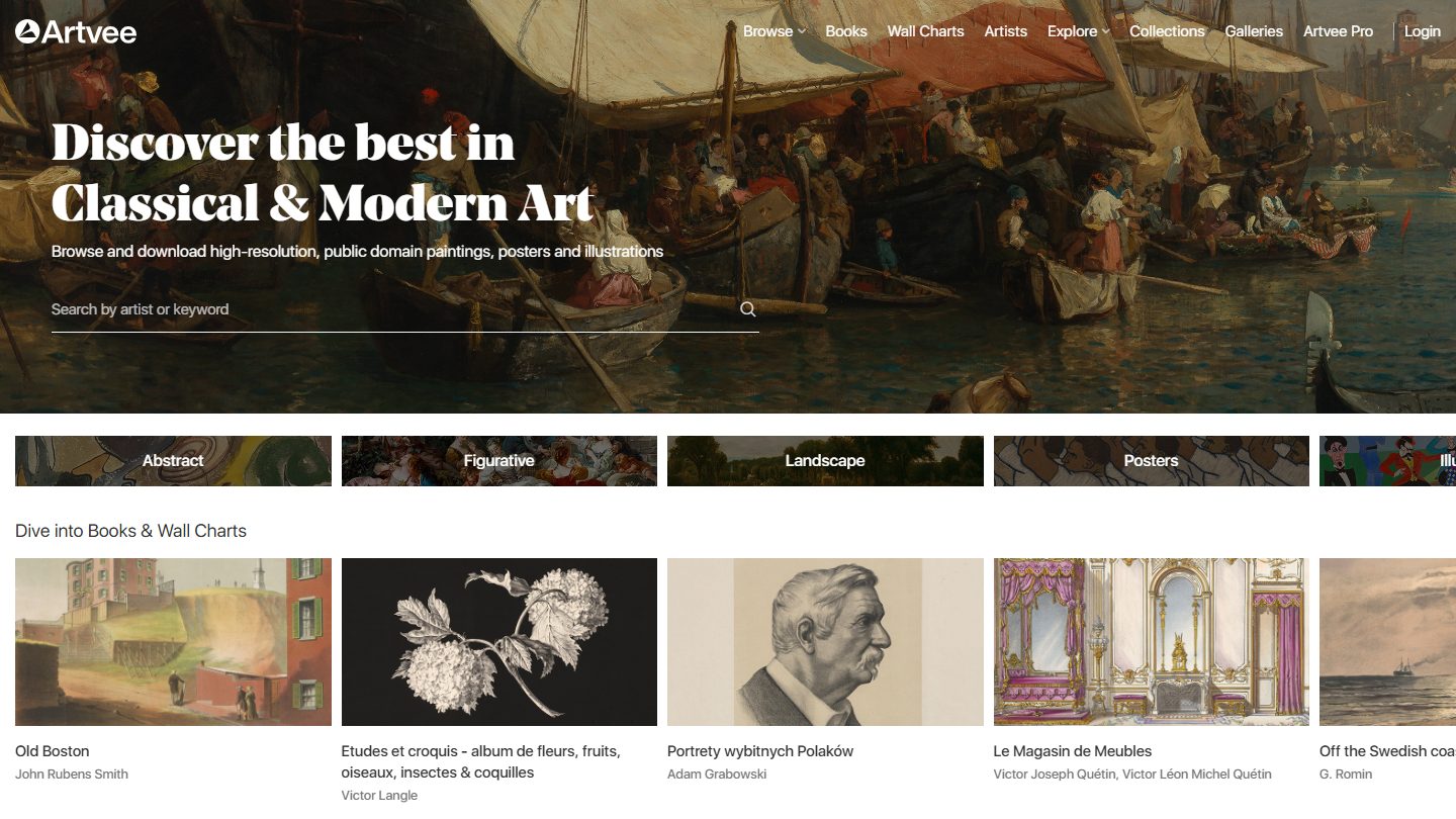 Screenshot of the Artvee homepage &mdash; 'Discover the best in Classical & Modern Art' hero with category chips (Abstract, Figurative, Landscape, Posters) and a 'Dive into Books & Wall Charts' section of public-domain artworks
