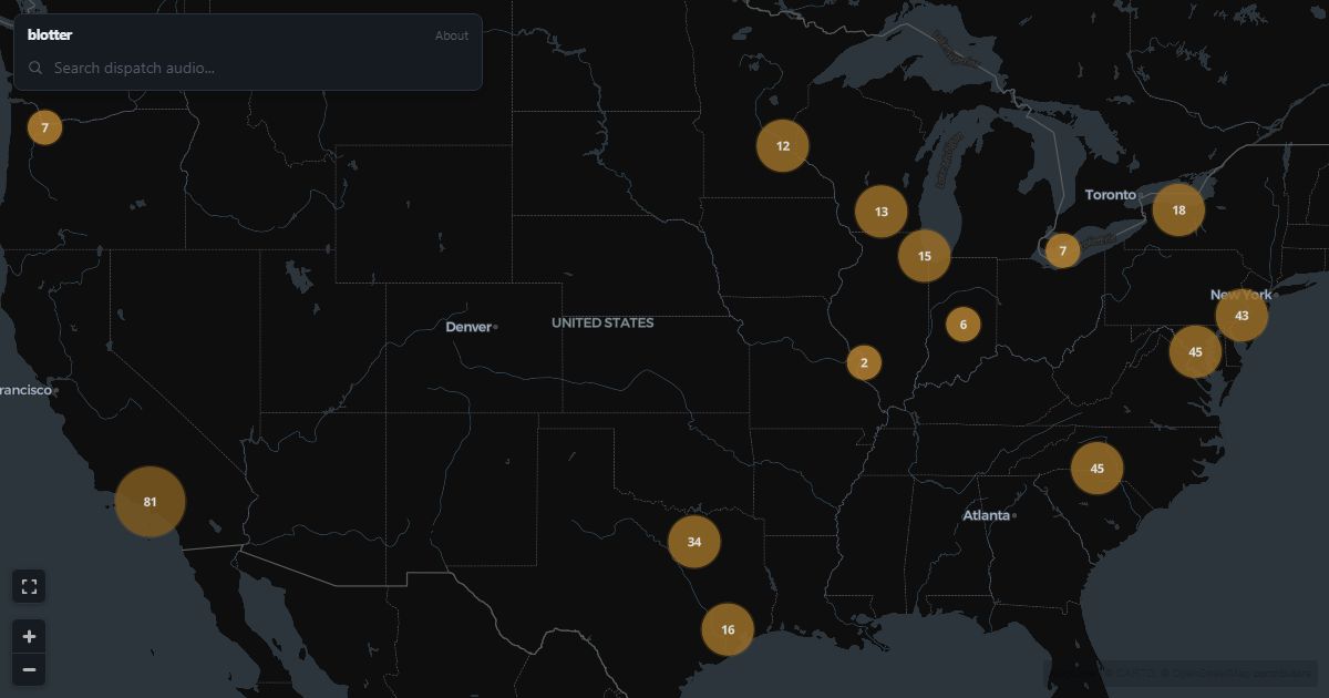 Blotter live map showing police-dispatch event pins across a US city with the search sidebar