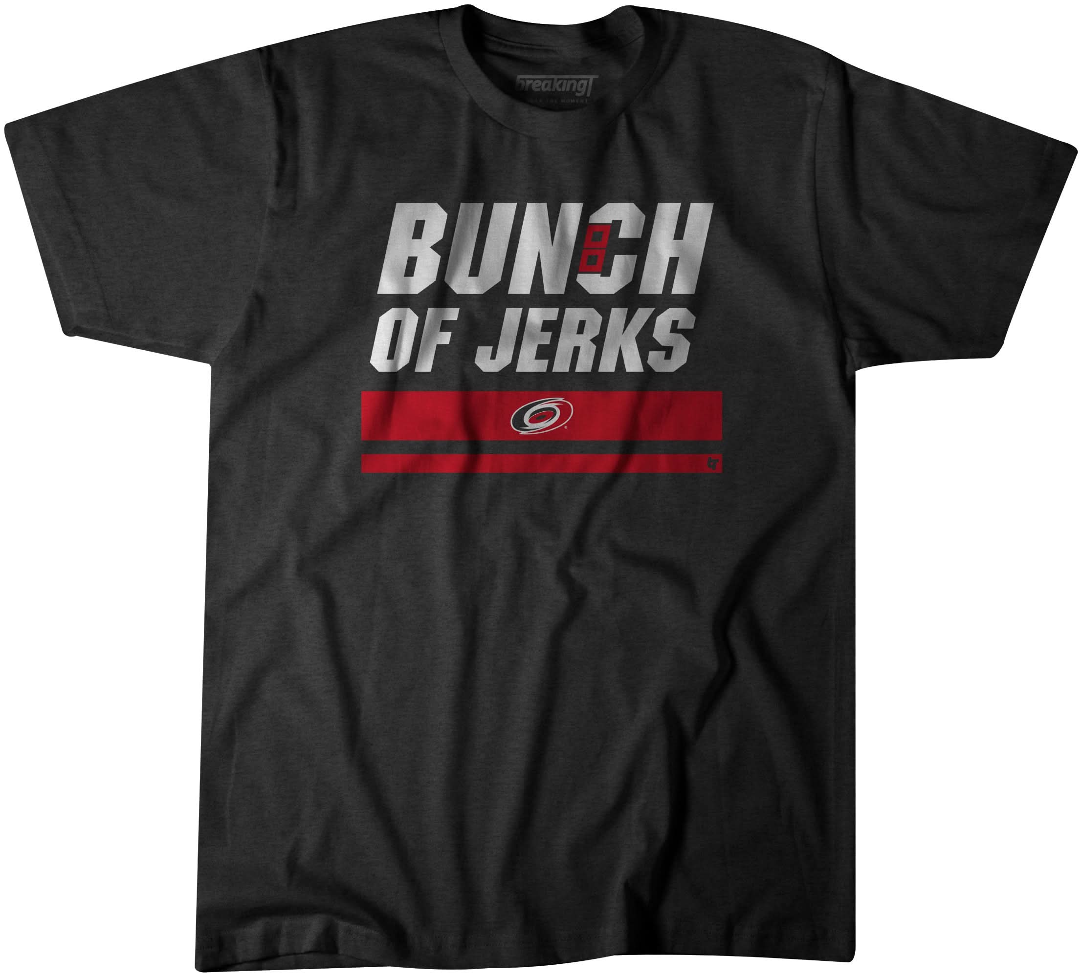 The official Carolina Hurricanes &lsquo;Bunch of Jerks&rsquo; T-shirt &mdash; charcoal gray tri-blend with red and white screen-print of the slogan and the Hurricanes logo