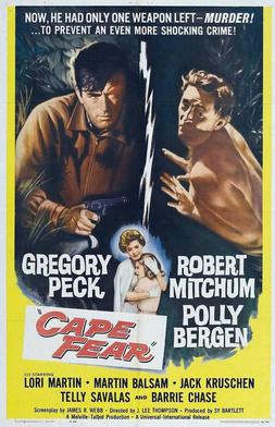 Official 1962 theatrical poster for Cape Fear, starring Gregory Peck and Robert Mitchum, with Polly Bergen billed alongside them