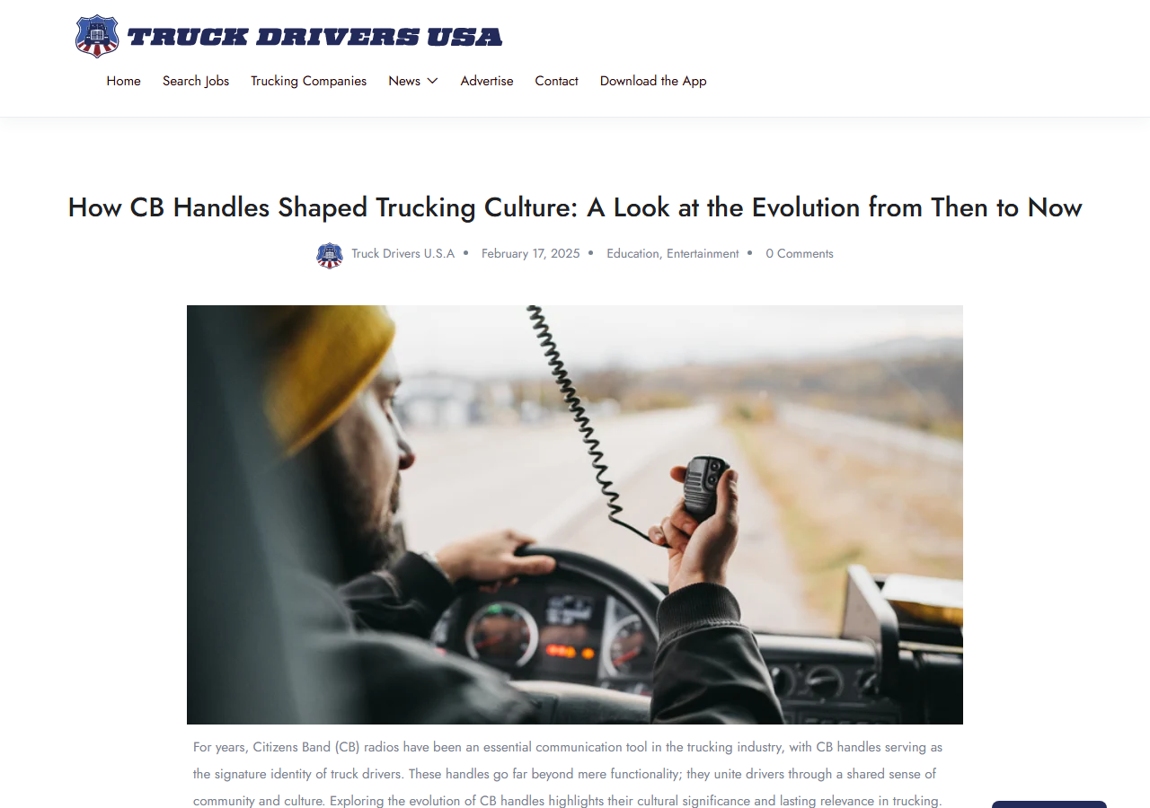 Truck Drivers USA article headlined How CB Handles Shaped Trucking Culture: A Look at the Evolution from Then to Now, showing a trucker holding a CB radio handset while driving