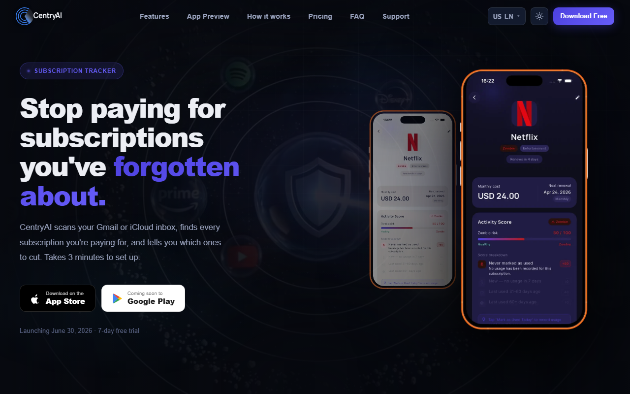 CentryAI homepage reading Stop paying for subscriptions you've forgotten about, with app screenshots showing a Netflix subscription card and a Zombie risk activity score