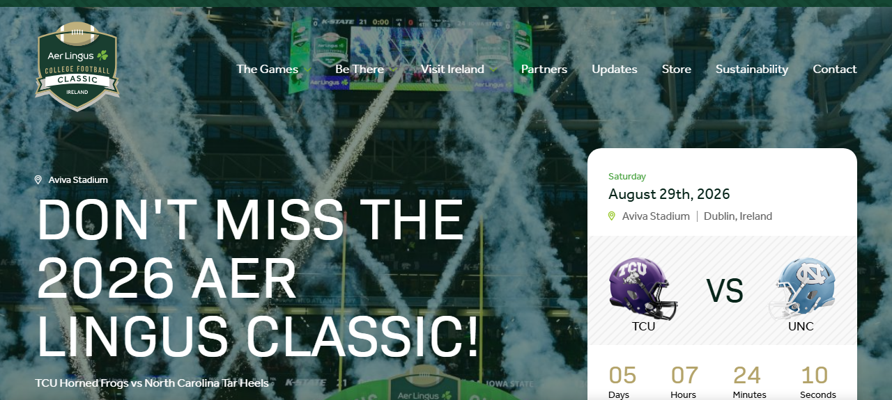 The official 2026 Aer Lingus College Football Classic website homepage, showing a countdown clock, the TCU and UNC helmet logos, and 'Saturday, August 29th, 2026, Aviva Stadium, Dublin, Ireland'