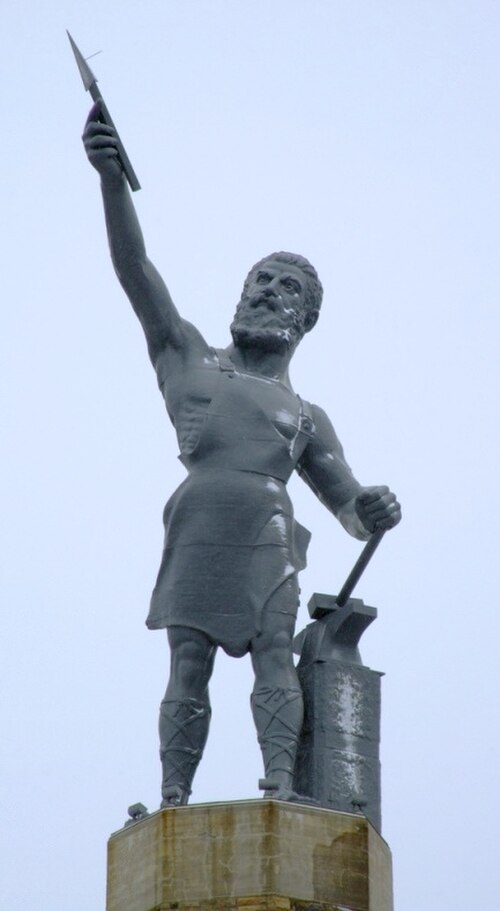 The Vulcan statue overlooking Birmingham, Alabama, from atop Red Mountain, the largest cast-iron statue in the world