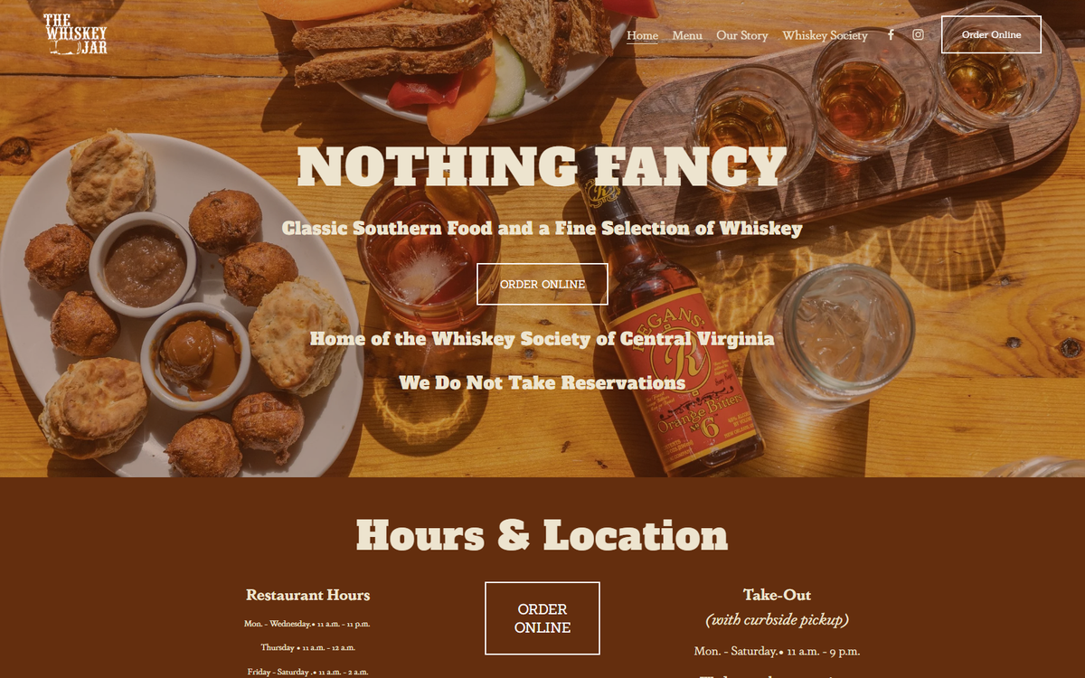 The Whiskey Jar's own homepage, reading 'Nothing Fancy: Classic Southern Food and a Fine Selection of Whiskey' and 'Home of the Whiskey Society of Central Virginia,' over a photo of biscuits, hush puppies, and a whiskey flight