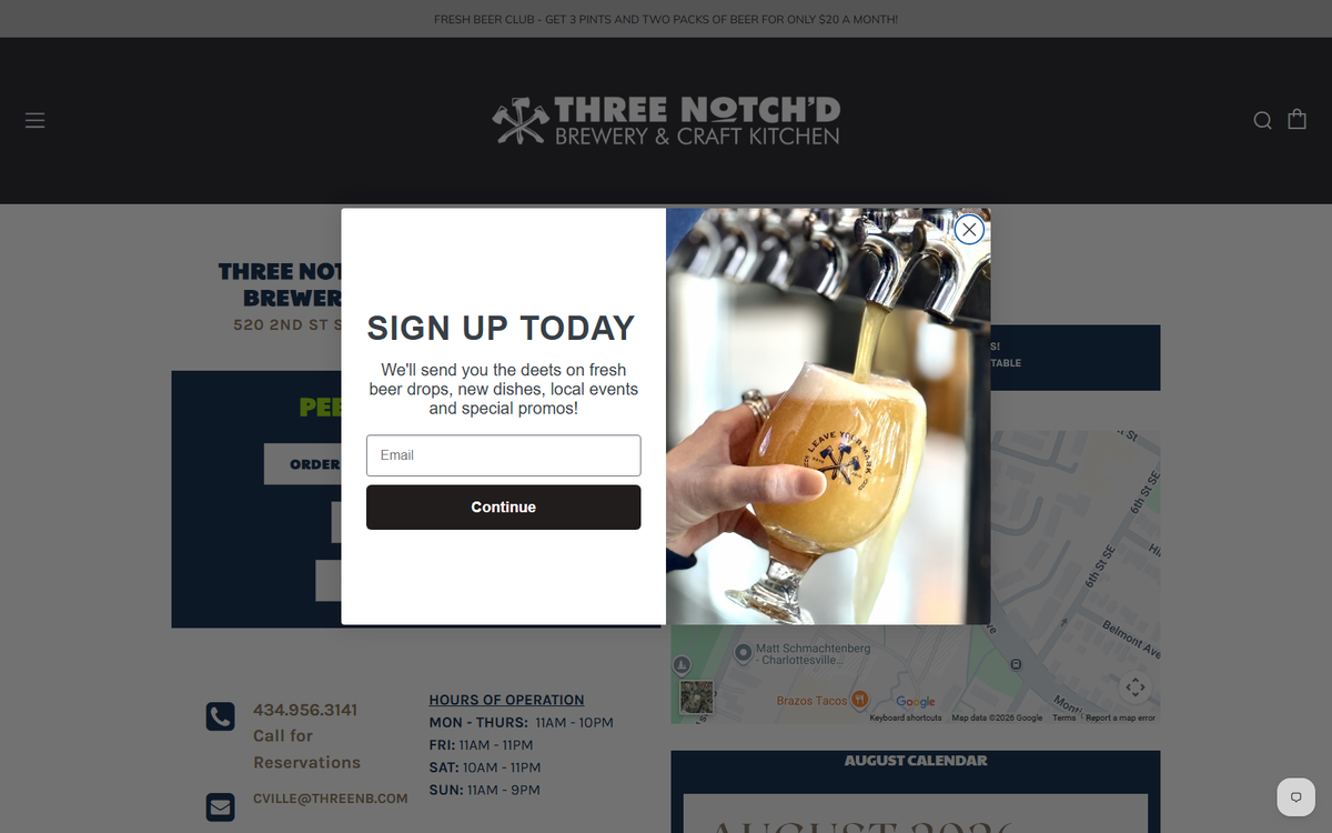 Three Notch'd Brewing Co.'s Charlottesville taproom page, showing its 520 2nd St SE address, hours of operation, and a photo of a beer being poured from the tap