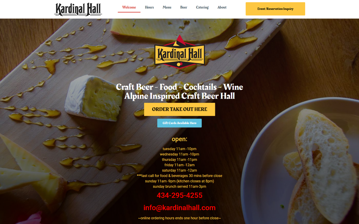 Kardinal Hall's own homepage, showing its logo over a photo of a cheese board, its Saturday hours of 11am to midnight, and its phone number