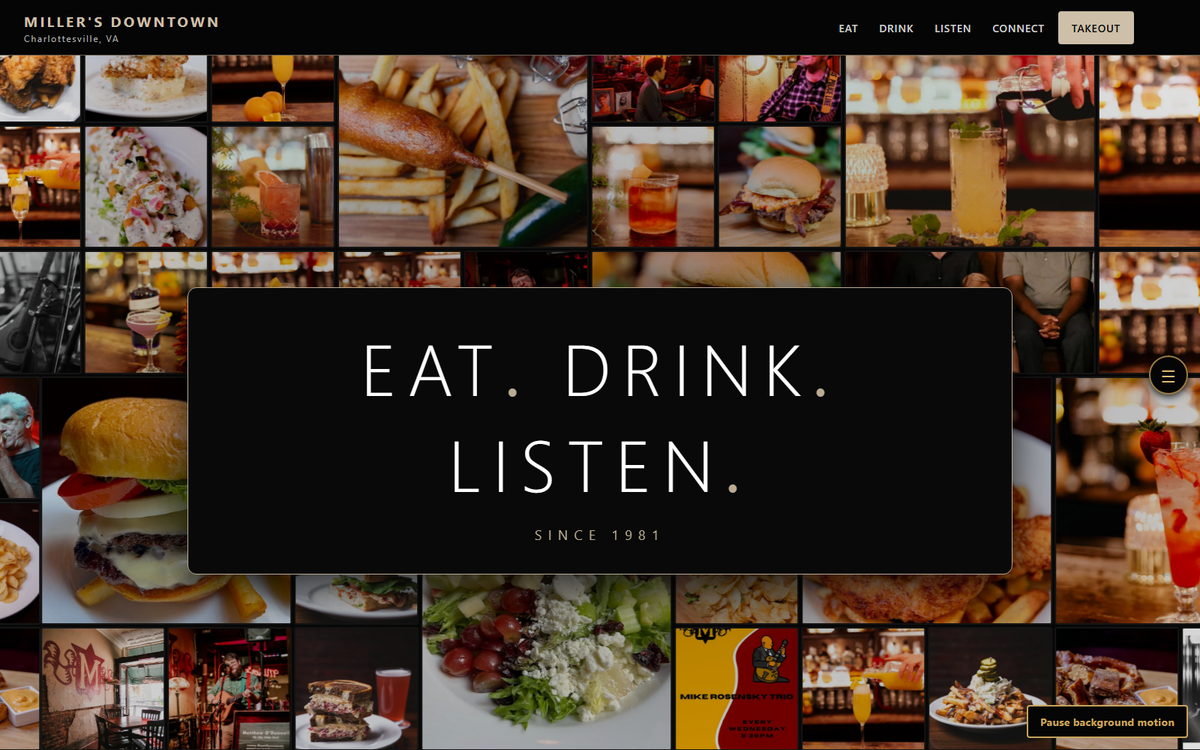 Miller's Downtown's own homepage, reading 'Eat. Drink. Listen. Since 1981,' over a grid of food, cocktail, and live-music photos from the historic Charlottesville bar