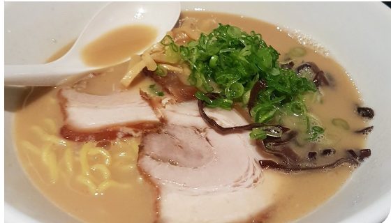 A bowl of tonkotsu ramen with sliced pork, green onions, and wood ear mushroom at Monta Ramen on Spring Mountain Road