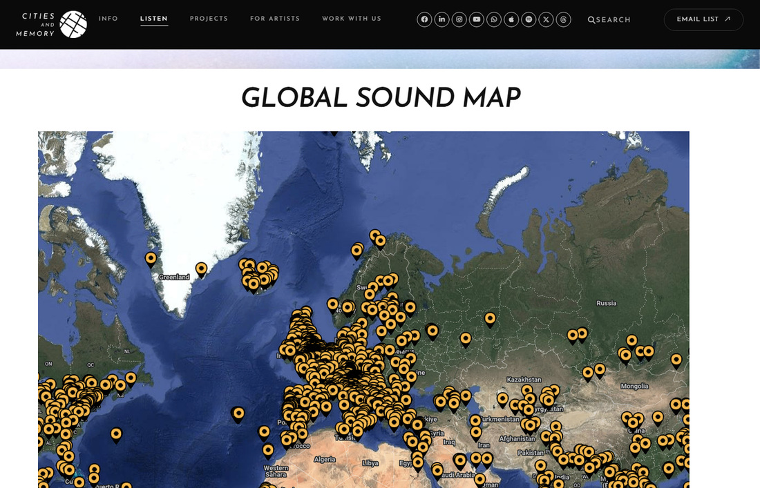 The Cities and Memory global sound map at citiesandmemory.com/sound-map/, showing a dark world map covered in orange pins across Europe, North Africa, the Middle East, and beyond. Each pin marks a location with two sounds: a field recording and an artist remix.