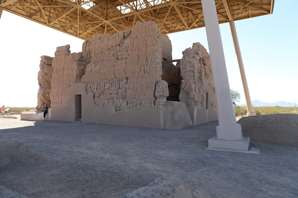 The Great House at Casa Grande Ruins National Monument, a four-story adobe structure built by the Hohokam people around 1350, sheltered under a modern protective roof