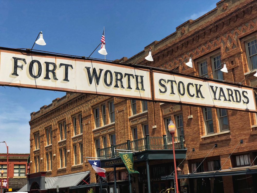 The Fort Worth Stockyards sign spanning Exchange Avenue in the Fort Worth Stockyards National Historic District, Texas
