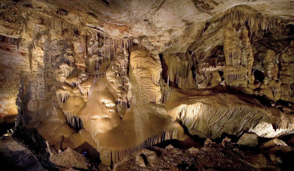 Stalactite and stalagmite formations in the Big Room at Kartchner Caverns State Park, Arizona