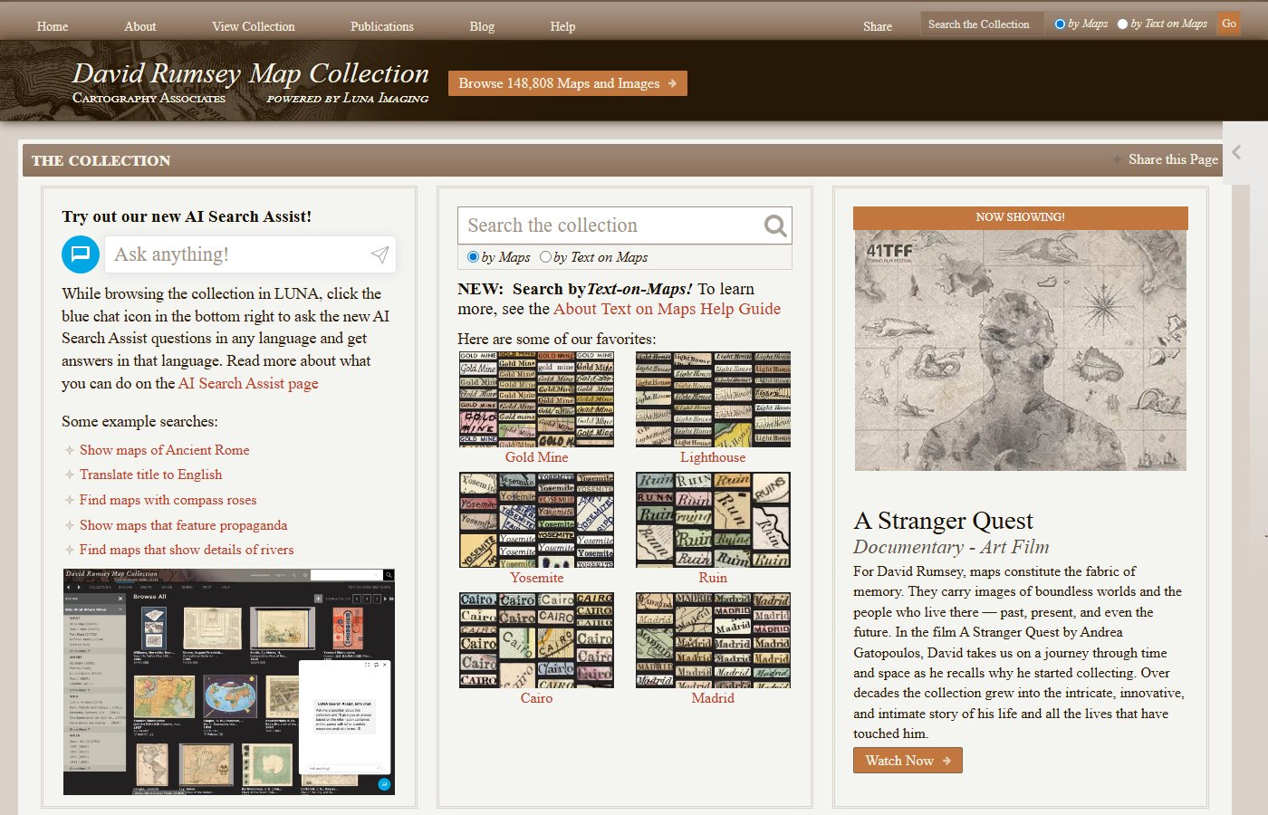 A screenshot of the David Rumsey Map Collection viewer at davidrumsey.com, showing a historical world map rendered at high resolution in the browser