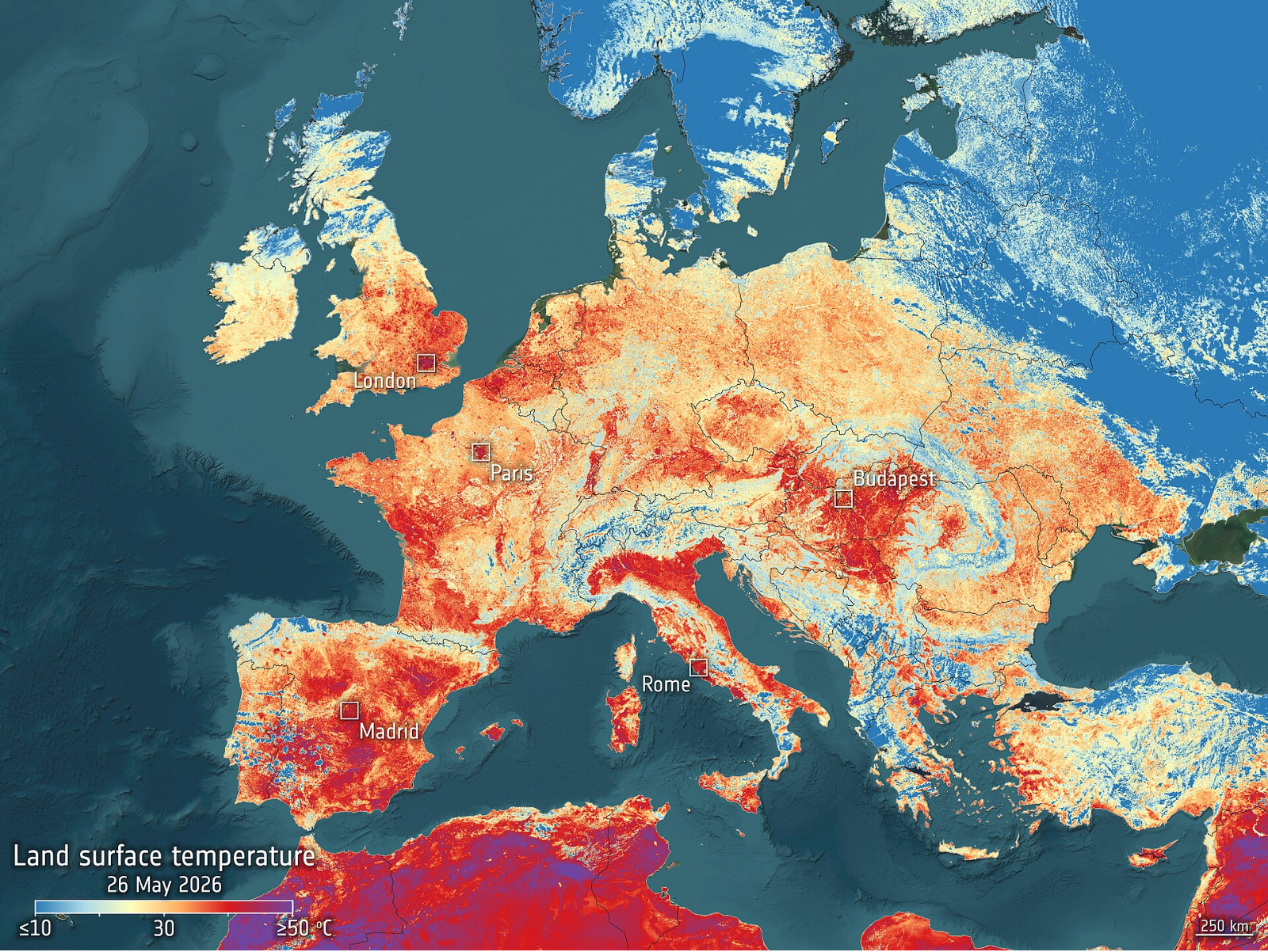 Copernicus Sentinel-3 satellite land surface temperature map of Europe on 26 May 2026, showing deep red extreme-heat readings across the UK, France, Spain, and Italy, with London, Paris, Madrid, Budapest, and Rome labeled