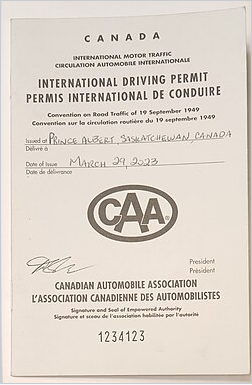 Wikipedia's International Driving Permit article showing a photo of the front and inside pages of a Canadian International Driving Permit booklet