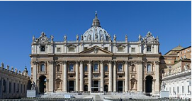 Wikipedia's St. Peter's Basilica article showing a photo of the basilica's columned facade and dome above St. Peter's Square