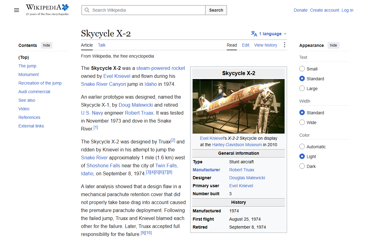 Wikipedia page for the Skycycle X-2, showing the steam-powered rocket Evel Knievel used to attempt the 1974 Snake River Canyon jump