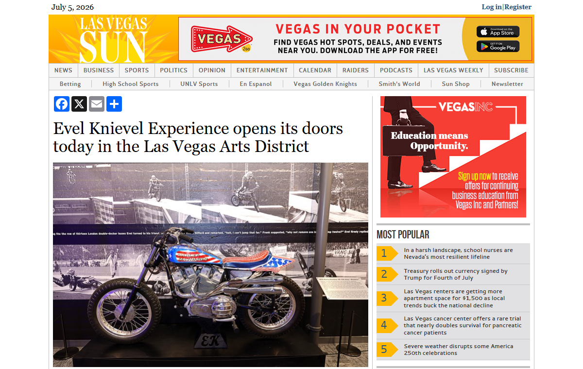 Las Vegas Sun article headlined Evel Knievel Experience opens its doors today in the Las Vegas Arts District, showing one of Evel Knievel's actual motorcycles on display