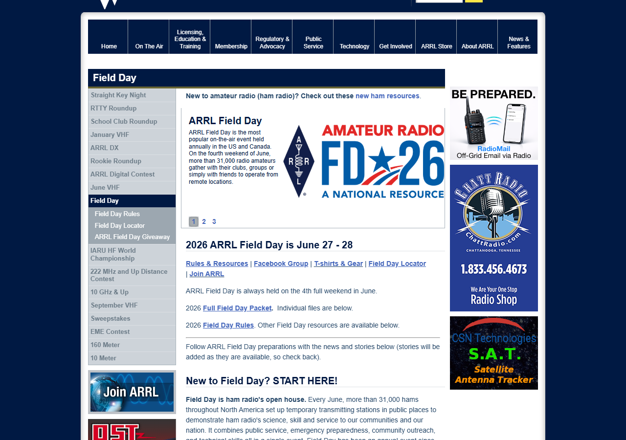 The ARRL Field Day page at arrl.org/field-day, showing the 2026 Field Day dates of June 27-28 and the FD26 logo with the ARRL diamond and the tagline 'A National Resource'.
