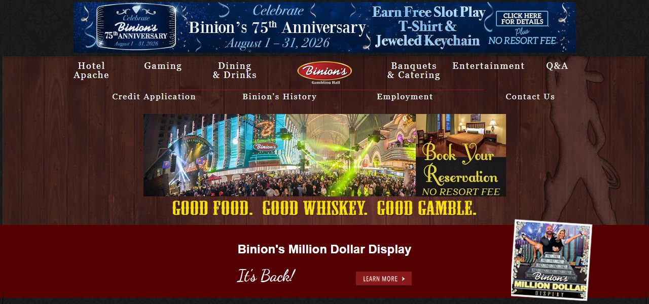 Binion's Gambling Hall's own homepage, advertising its 75th Anniversary promotion and a 'Binion's Million Dollar Display' cash exhibit
