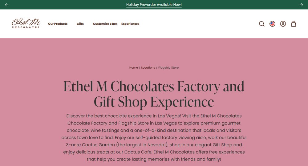 Ethel M Chocolates' own webpage for its Las Vegas flagship store, reading 'Ethel M Chocolates Factory and Gift Shop Experience' over a pink banner, describing the self-guided factory viewing aisle and 3-acre Cactus Garden