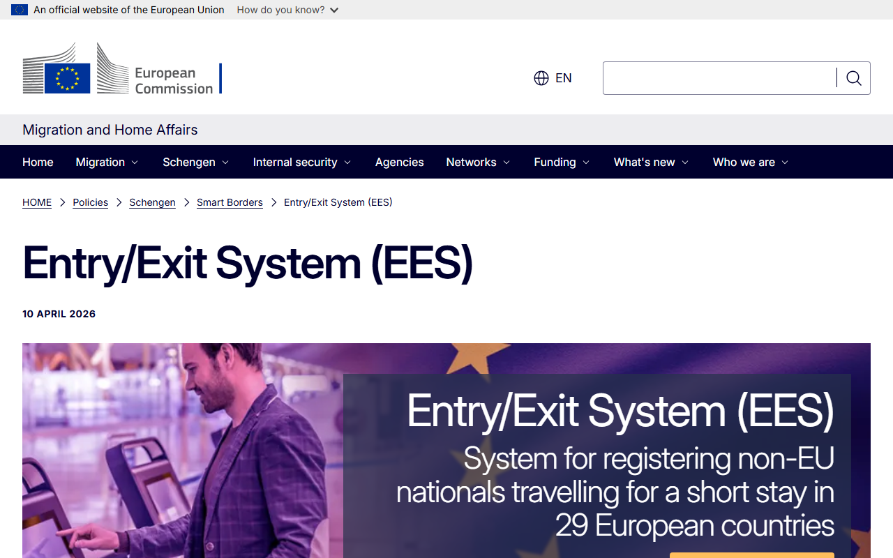 The European Commission's official Entry/Exit System (EES) page, dated April 10, 2026, showing a traveler at an airport biometric kiosk