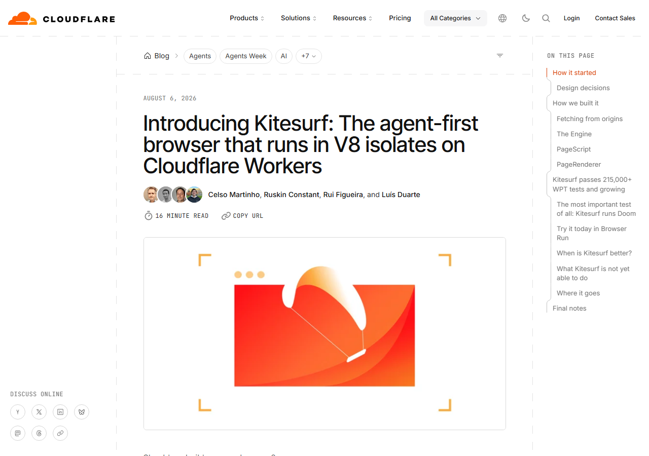 The top of Cloudflare's official blog post, titled 'Introducing Kitesurf: The agent-first browser that runs in V8 isolates on Cloudflare Workers,' dated August 6, 2026, by authors Celso Martinho, Ruskin Constant, Rui Figueira, and Luis Duarte, with Kitesurf's orange kite-surfing logo graphic below the headline