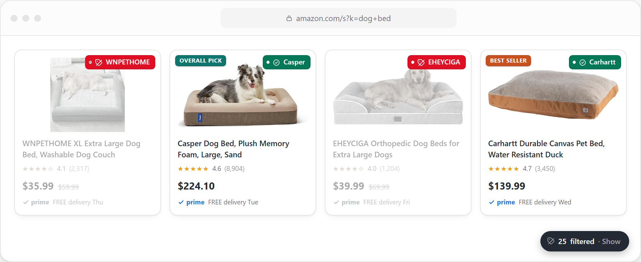 Knockoff's live homepage demo of a mock Amazon dog bed search: WNPETHOME and EHEYCIGA listings are dimmed and labeled with a red flagged chip, while Casper and Carhartt listings carry a green verified-brand chip, with a floating pill reading '25 filtered, Show'