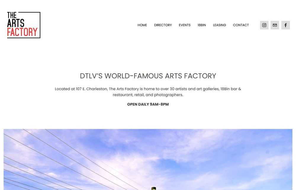 The Arts Factory's own homepage, reading 'DTLV's World-Famous Arts Factory,' describing it as home to over 30 artists and art galleries, open daily 9am to 8pm
