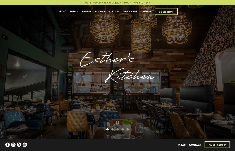 Esther's Kitchen's own homepage, showing its 1131 South Main Street address and a photo of its dining room with hanging light fixtures