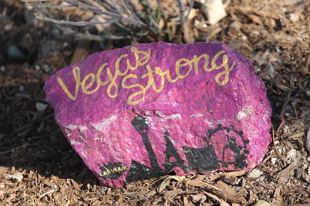 A painted memorial rock at the Las Vegas Community Healing Garden, part of a collection of rocks placed throughout the garden in memory of the October 1, 2017 shooting victims