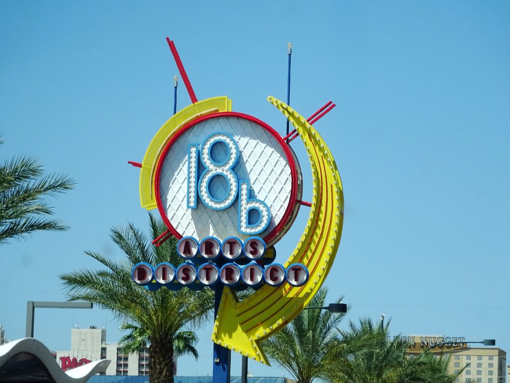 The 18b Arts District sign on Casino Center Boulevard in downtown Las Vegas, marking the district's original 18 city blocks