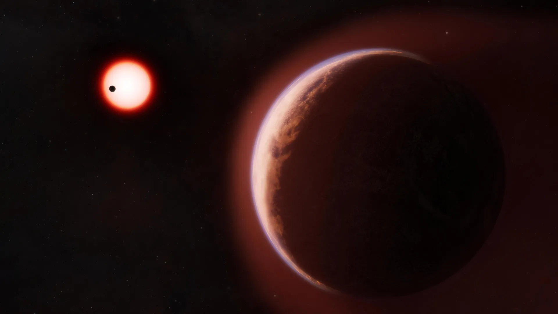 Artist's concept of the exoplanet LHS 1140 b, a large reddish rocky super-Earth shown in the foreground with a faint helium-rich atmospheric glow, its red dwarf host star and a neighboring planet visible in the distance
