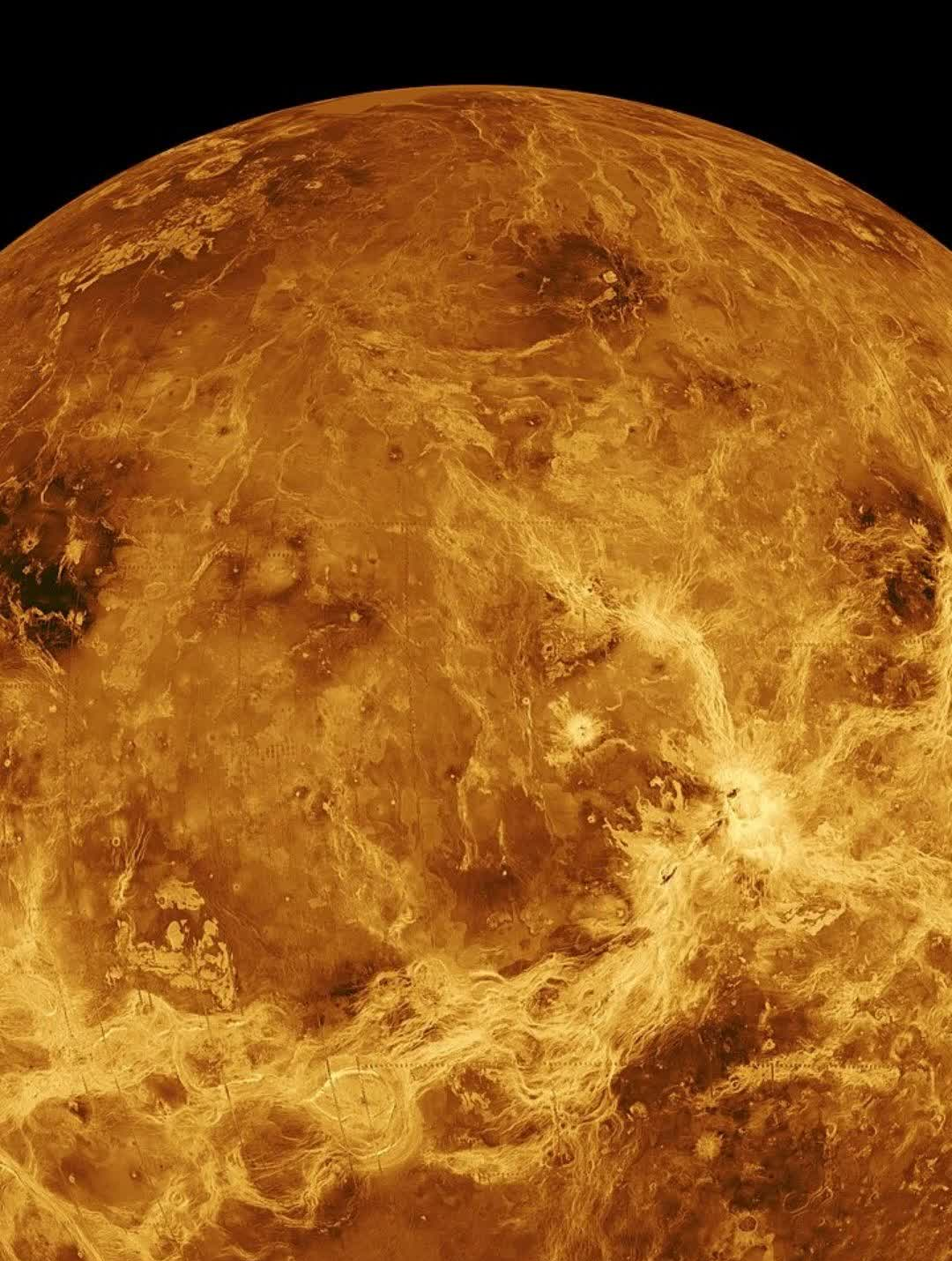 A radar mosaic image of the planet Venus showing its cratered, volcanic surface rendered in orange and gold tones against black space