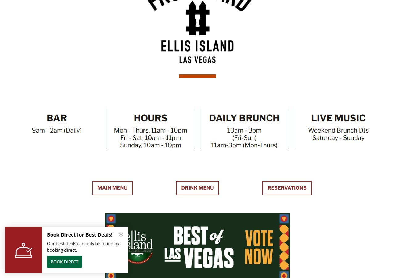 The Front Yard's own webpage at Ellis Island Casino in Las Vegas, showing the venue's logo beneath its bar hours, daily brunch times, and live-music schedule